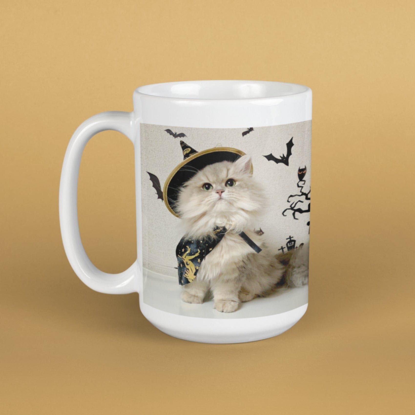 Printify Mug 15oz Coffee Mug, Halloween Coffee Mug, Cat in Witch Costume Mug, Halloween Gift, Birthday Gift, Friend Gift, White 15oz Ceramic 83648407855491868208